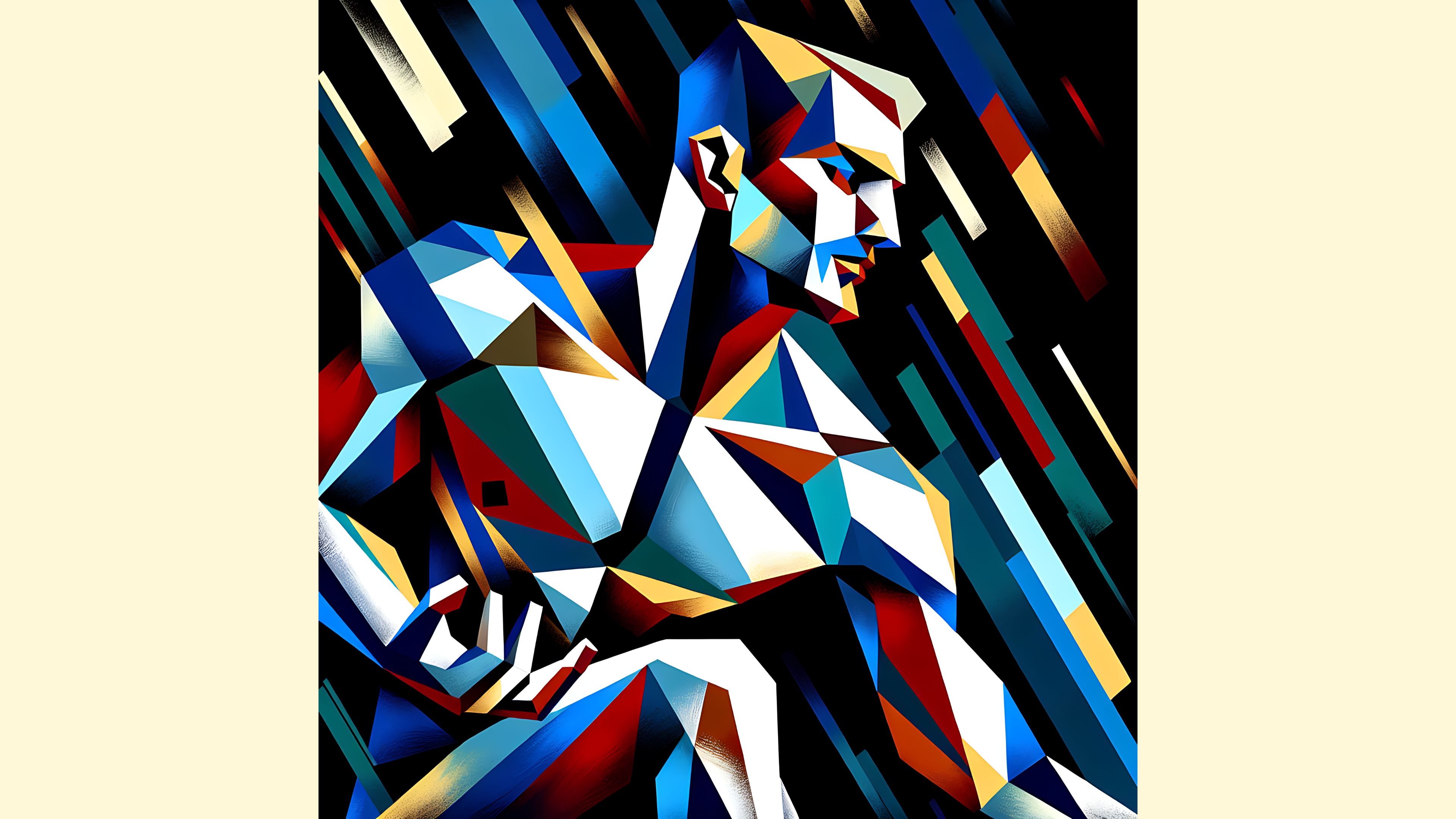 A stylized human-like figure composed of geometric shapes in vibrant colors.