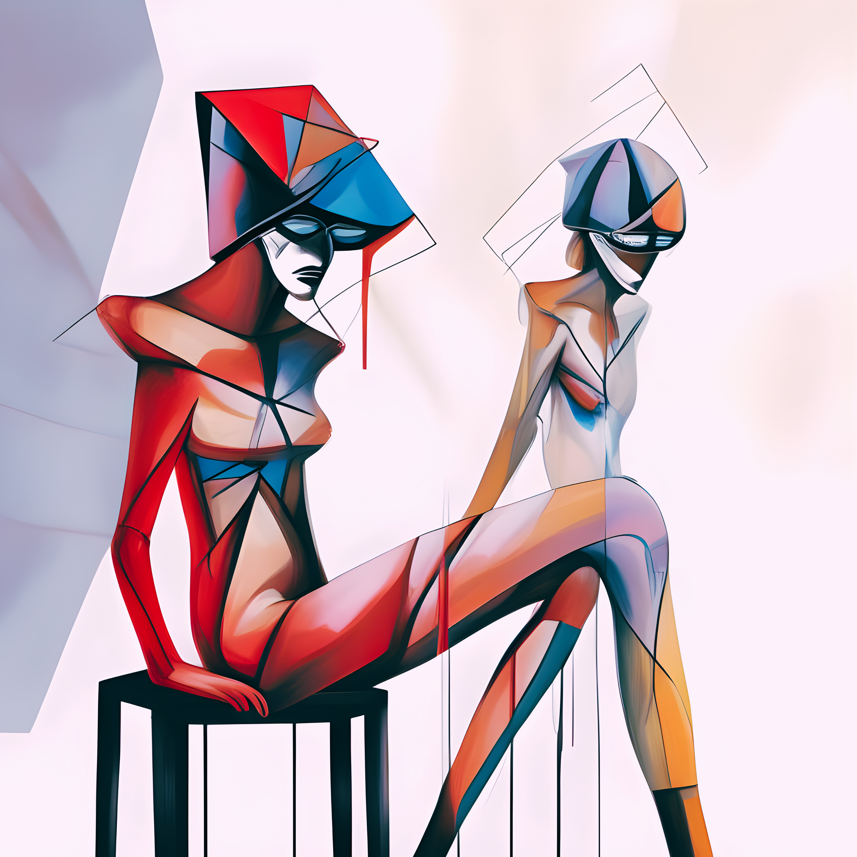 Two abstract human-like figures seated on a chair, featuring geometric shapes and vibrant colors.