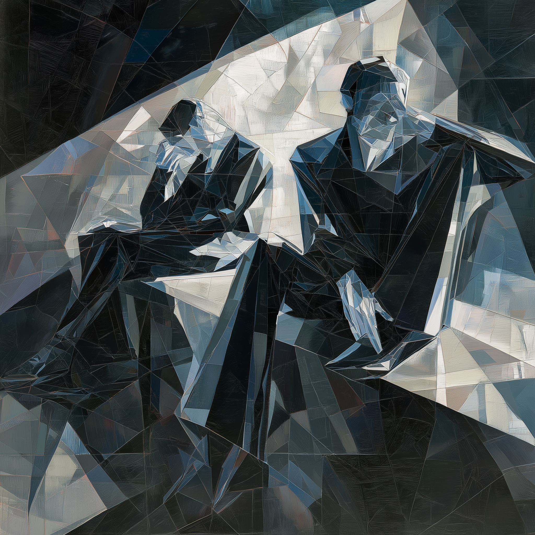 Two abstract figures in a geometric composition, expressing contemplation.