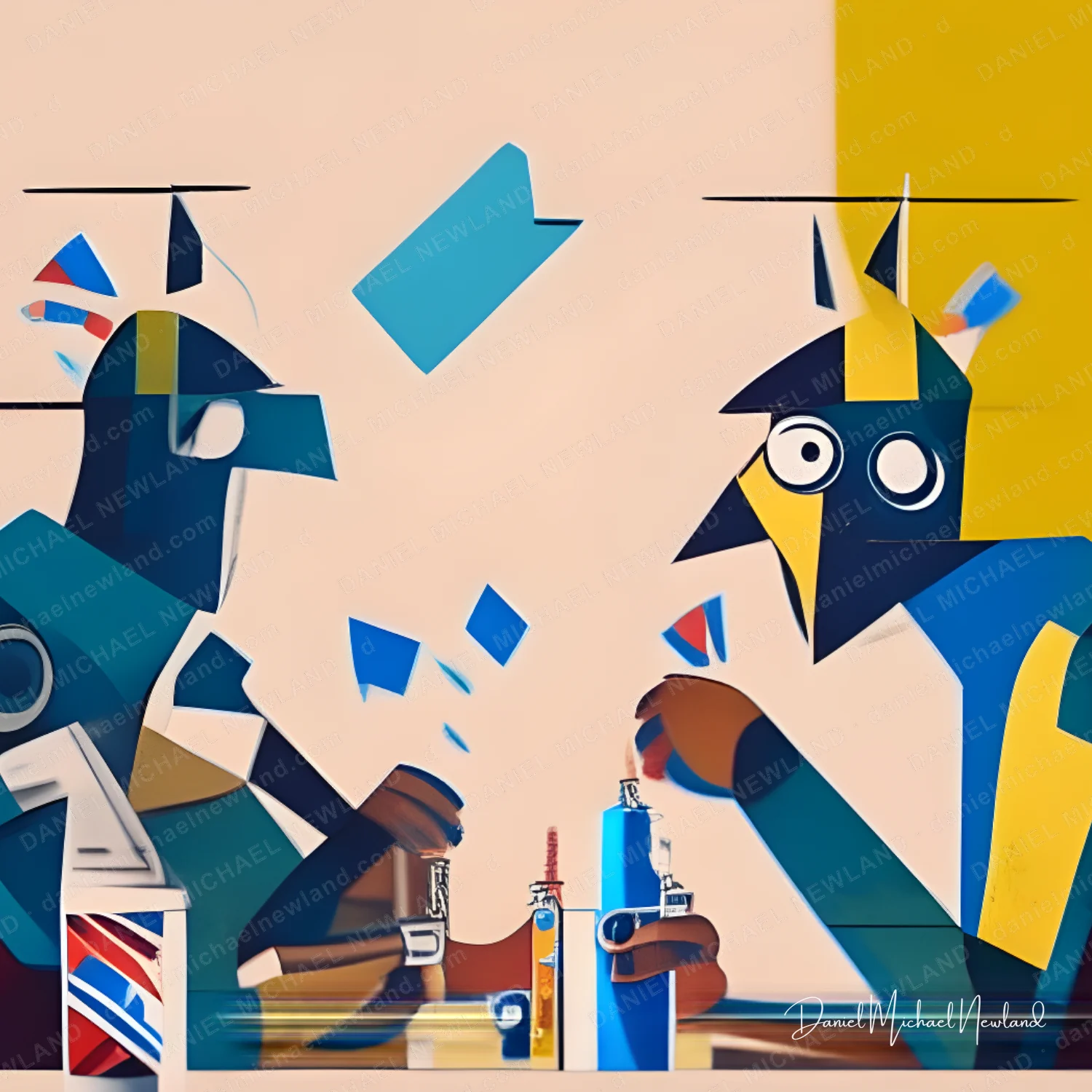 Magpies, New Arrivals digital cubism artwork by Daniel Michael Newland