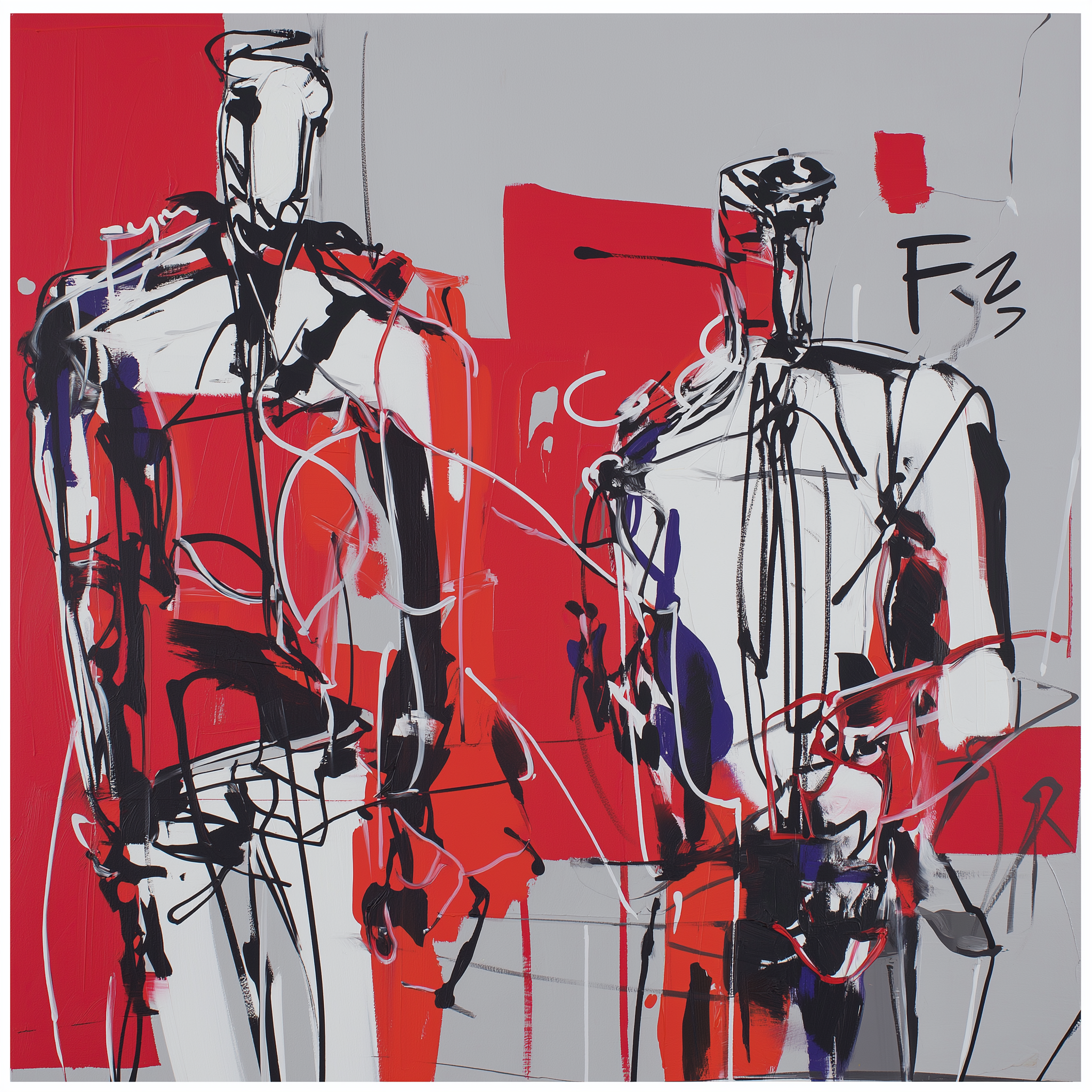 An abstract artwork featuring two stylized human figures in bold colors.