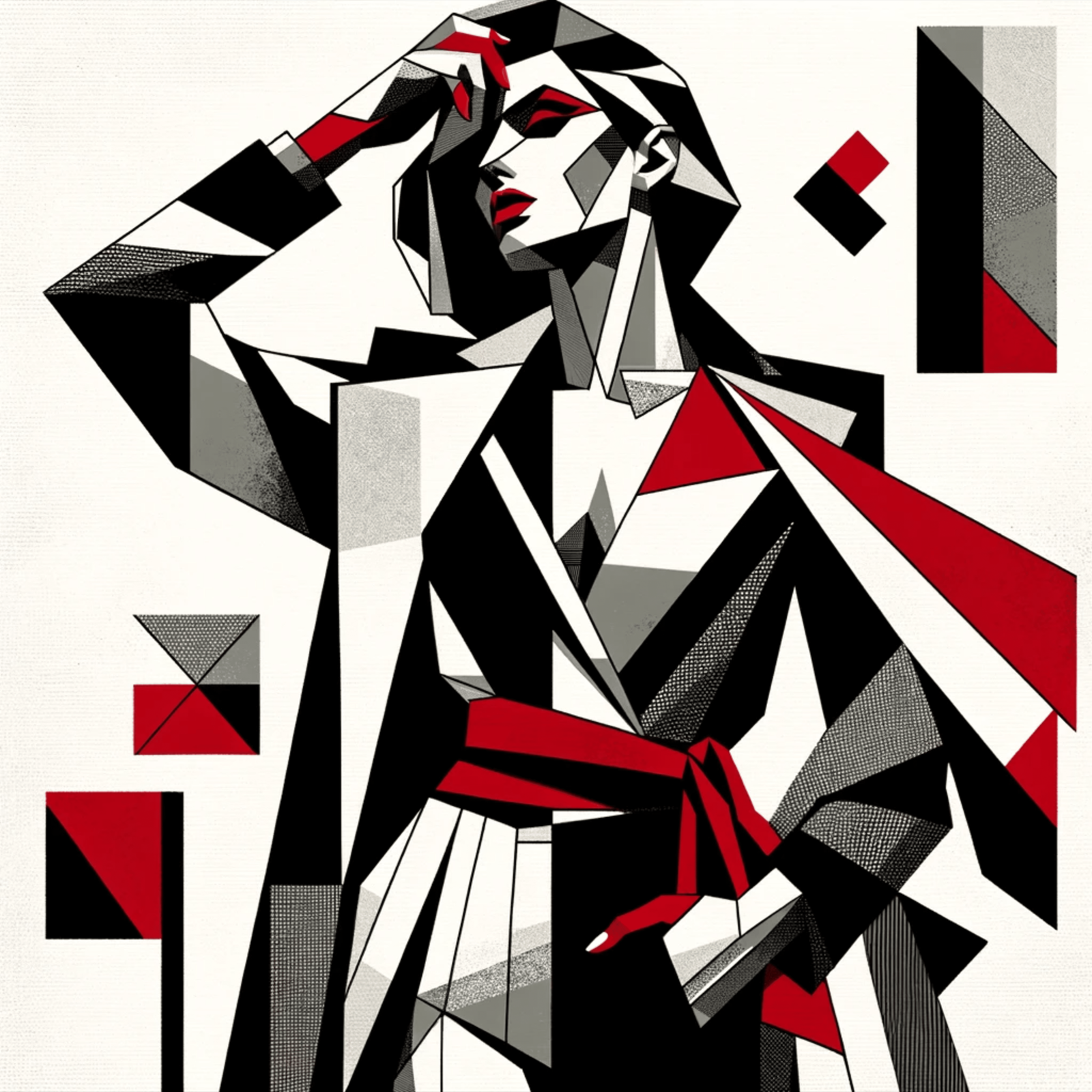 A cubist artwork featuring a stylized figure in a dramatic pose with geometric shapes.