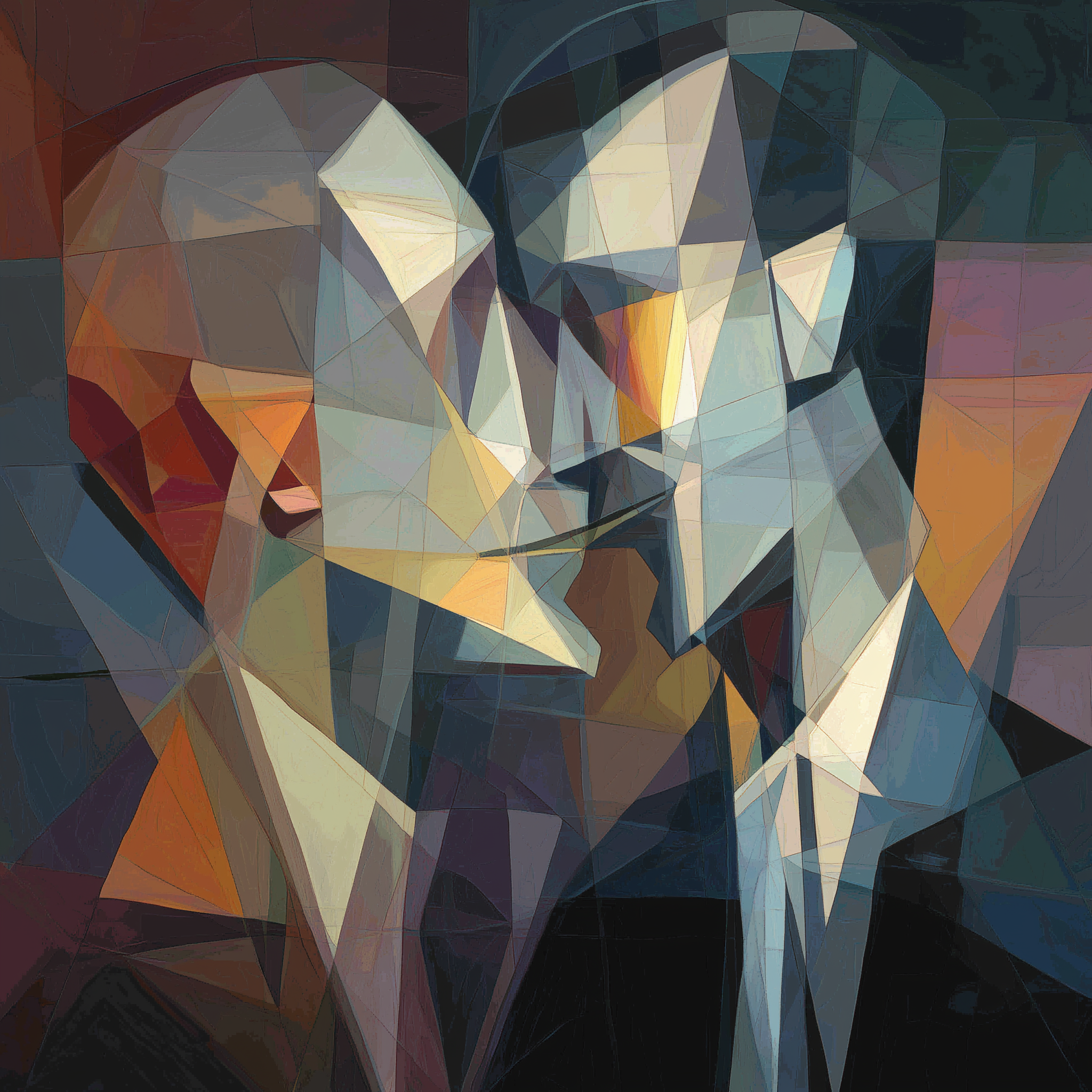 An abstract geometric representation of two human-like figures facing each other.