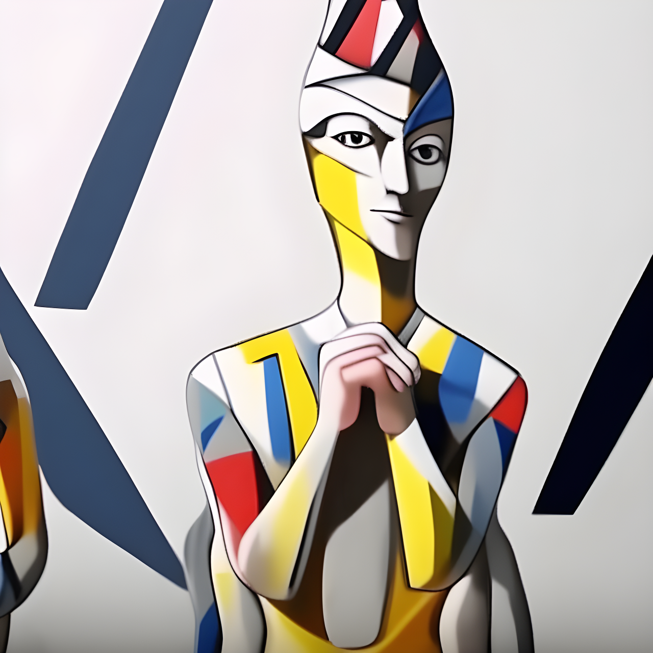 A stylized digital caricature of a human-like figure with geometric patterns and bright colors.