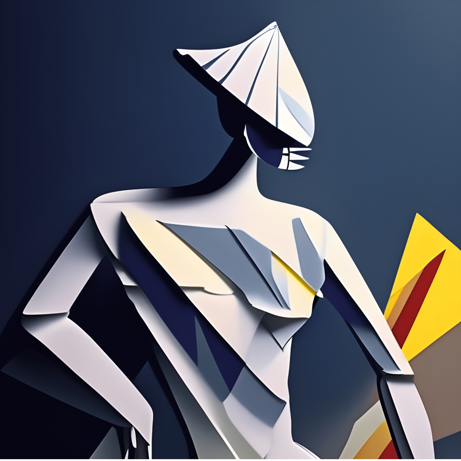 A stylized human-like figure with geometric shapes and a pointed hat against a dark background.