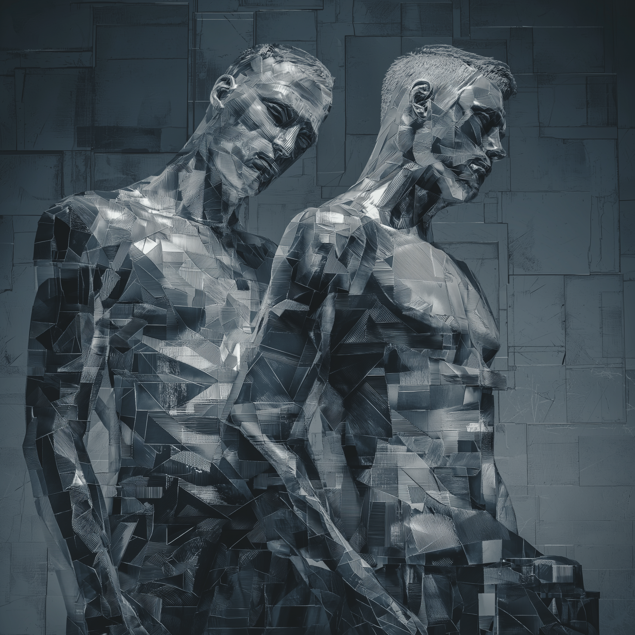 Two abstract human-like figures with angular, fragmented surfaces against a textured background.