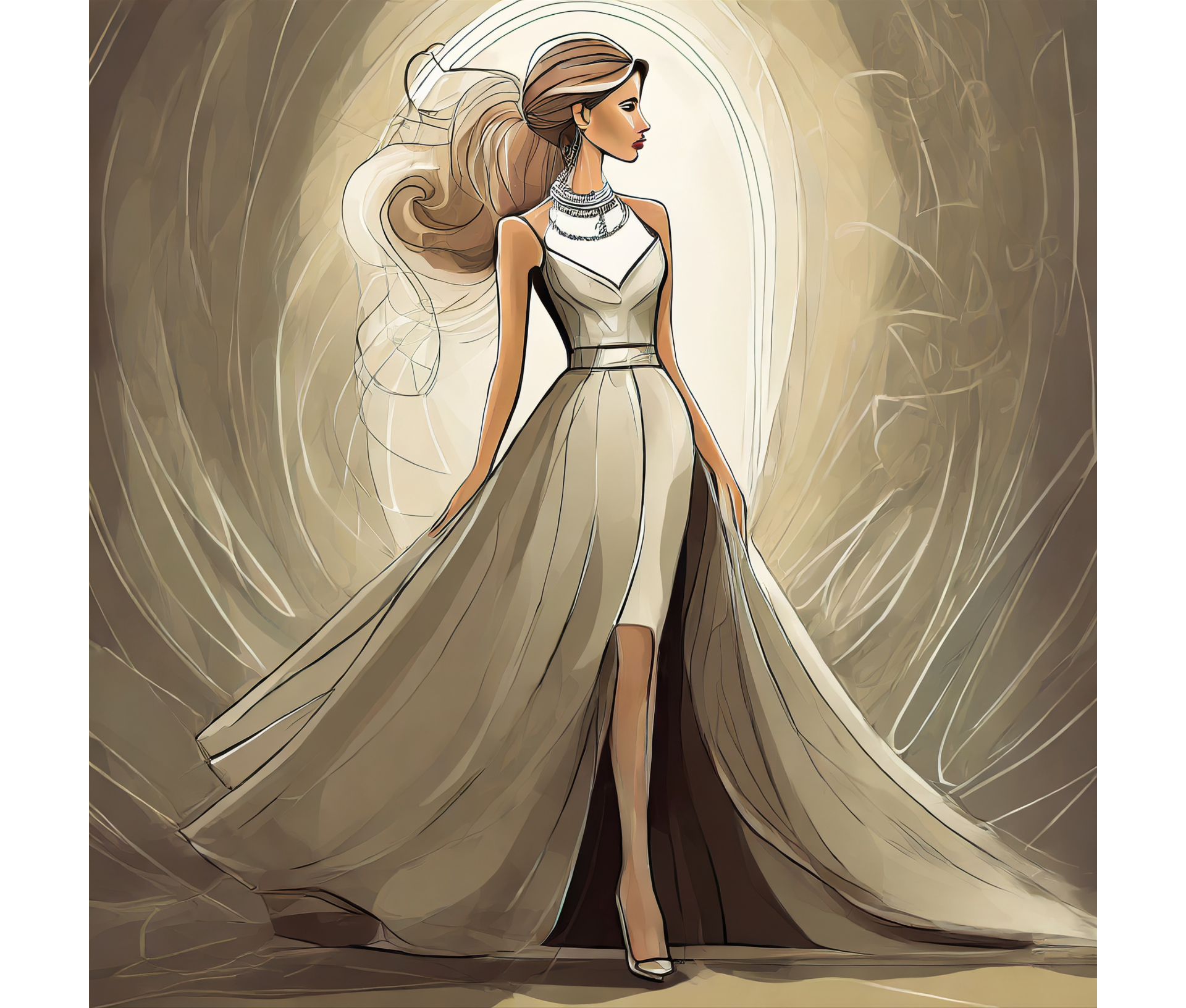 A fashion illustration of a woman in an elegant dress with flowing fabric.