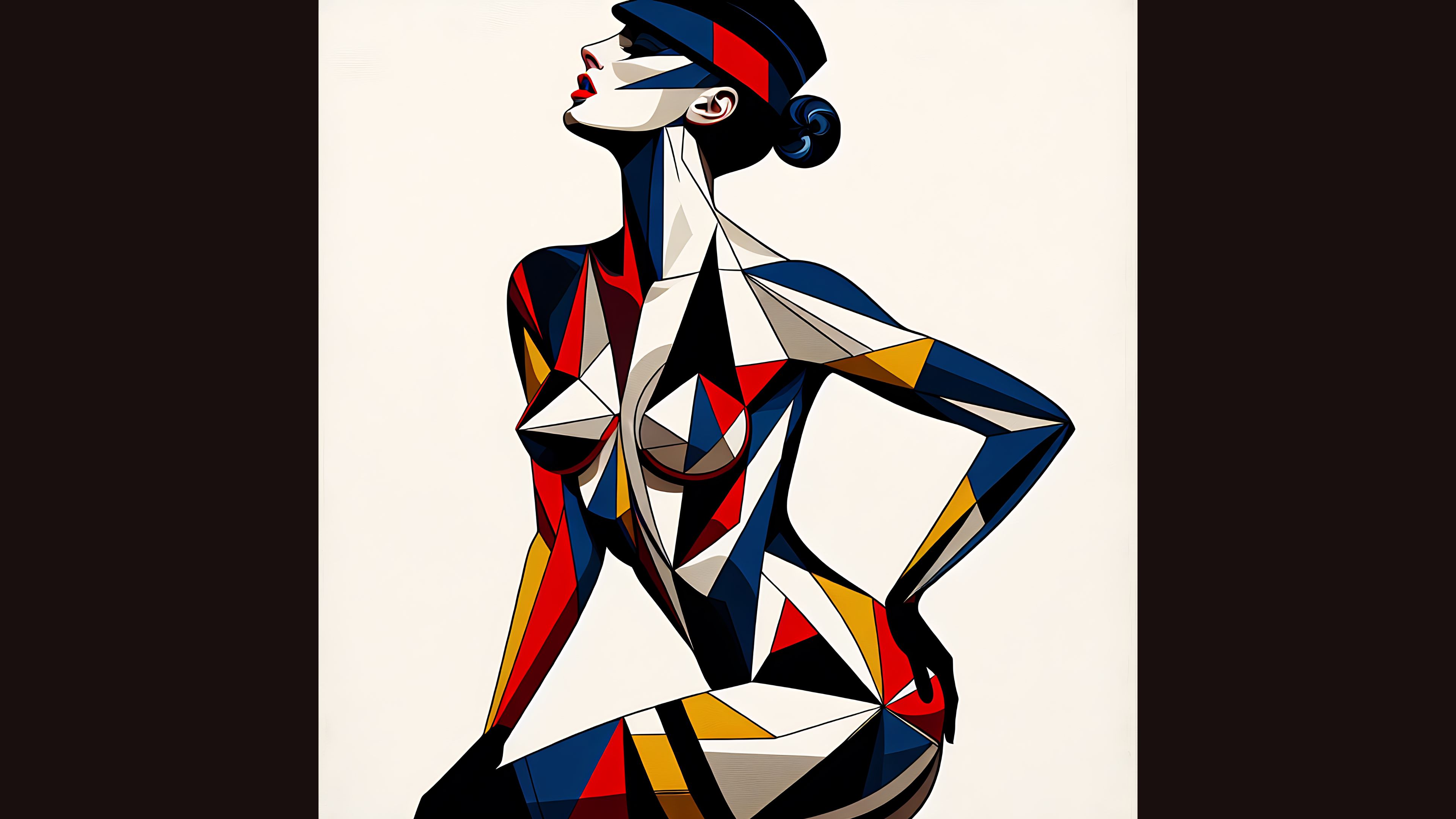 A stylized figure composed of geometric shapes in vibrant colors.
