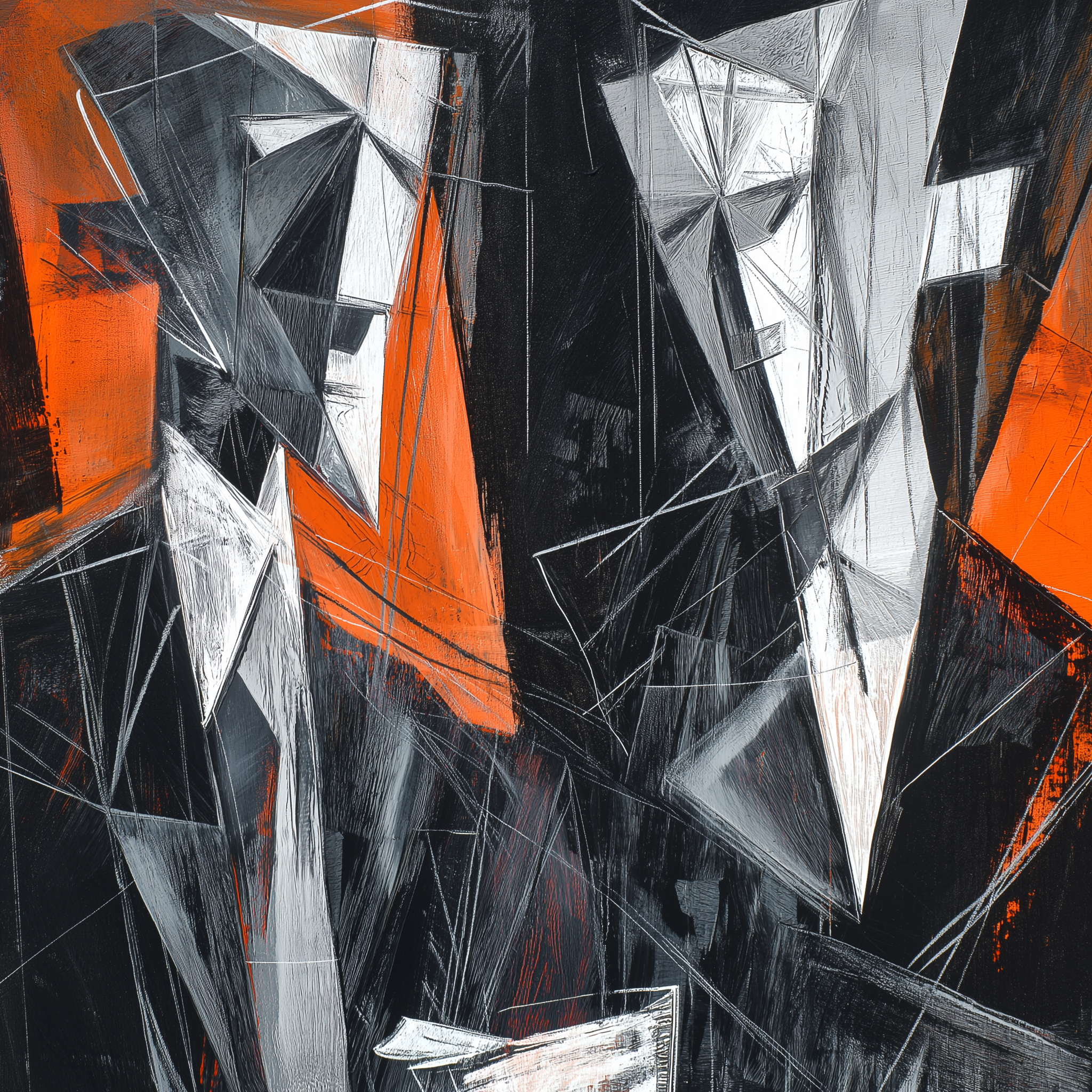 An abstract representation of two figures in suits with angular shapes and contrasting colors.
