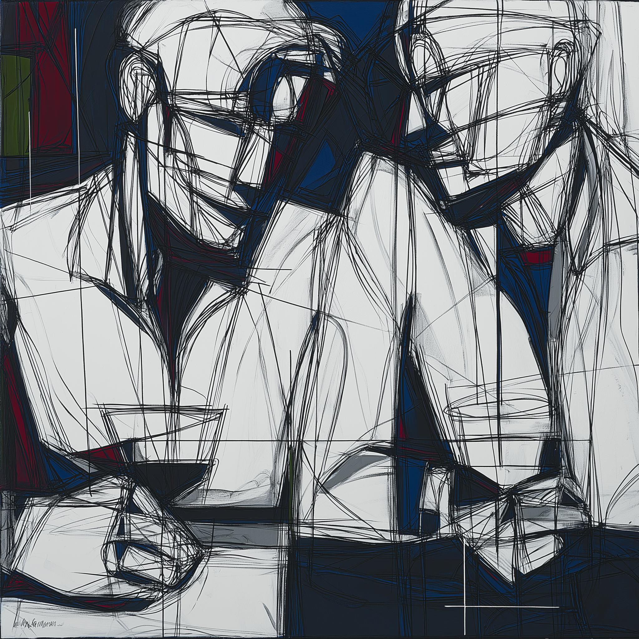 Two abstract figures with glasses in hand, depicted in a geometric style.