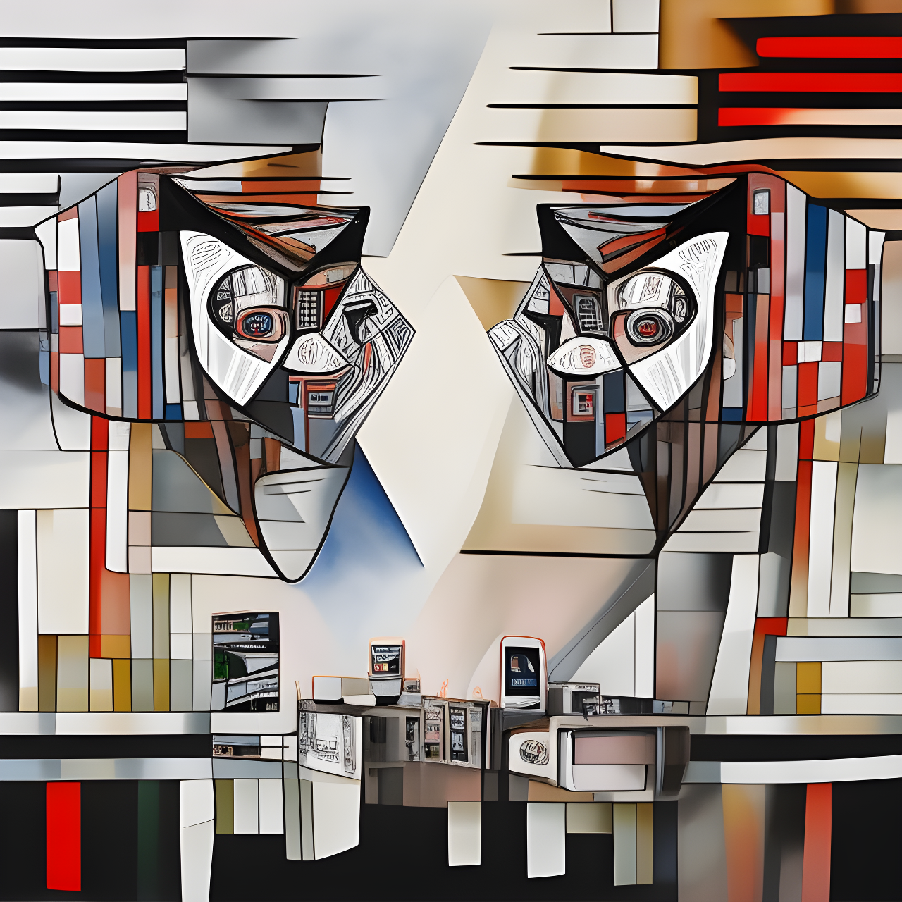 An abstract digital artwork featuring two stylized faces with geometric patterns and a fragmented background.